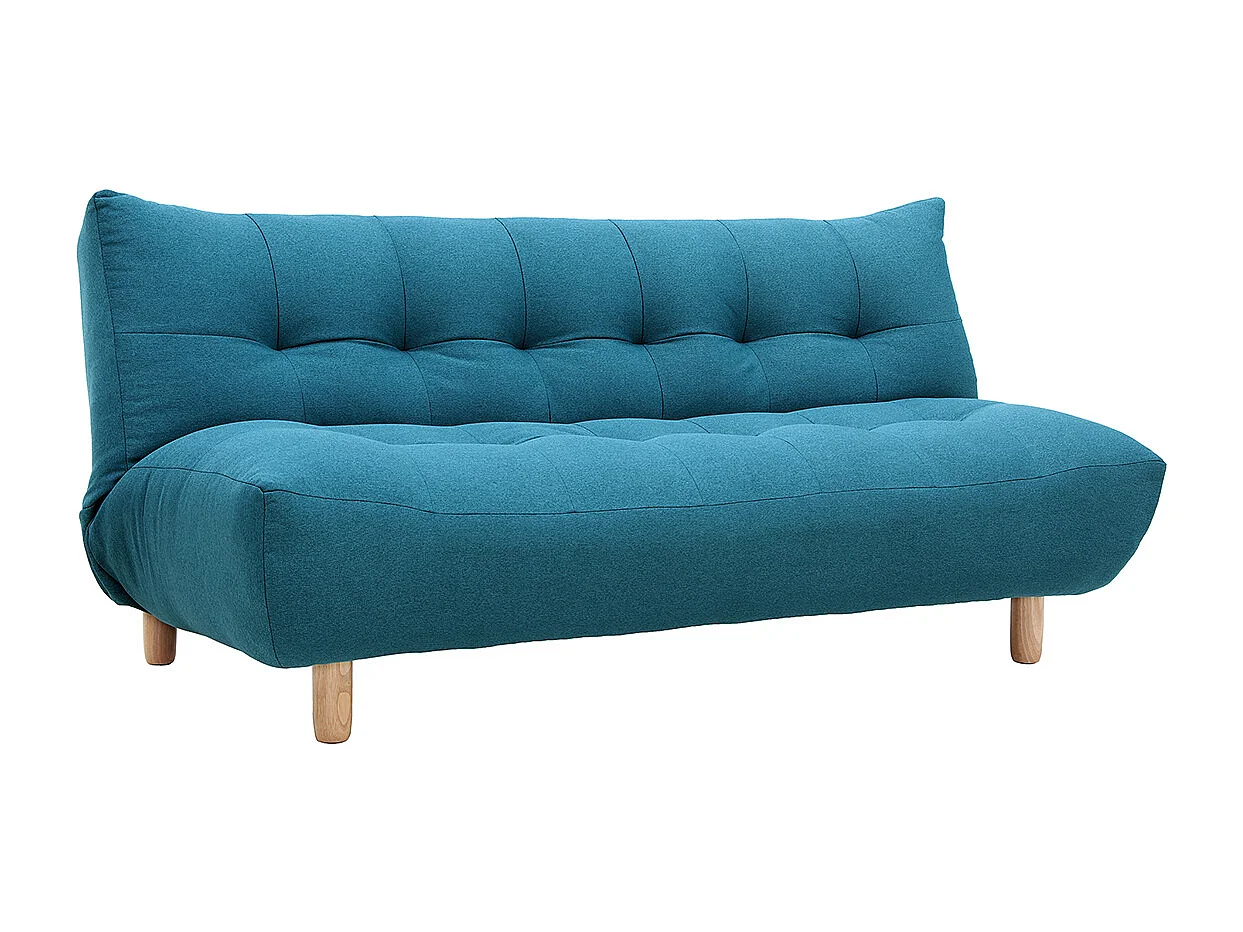 Canapé convertible scandinave 3 places en tissu bleu canard et bois clair YUMI