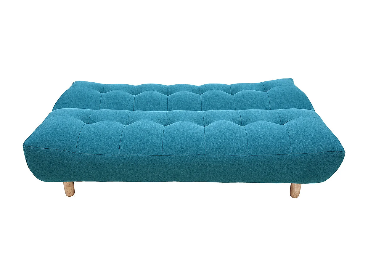 Canapé convertible scandinave 3 places en tissu bleu canard et bois clair YUMI