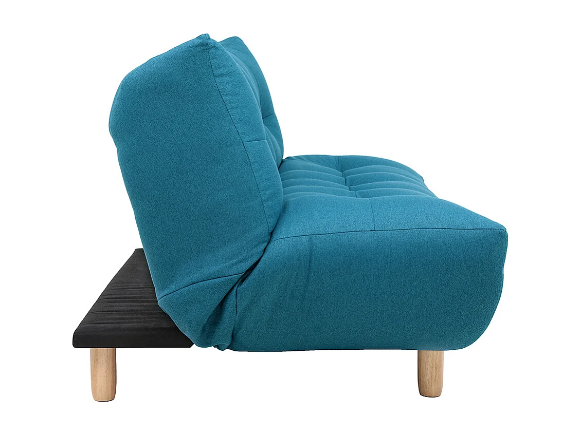 Canapé convertible scandinave 3 places en tissu bleu canard et bois clair YUMI