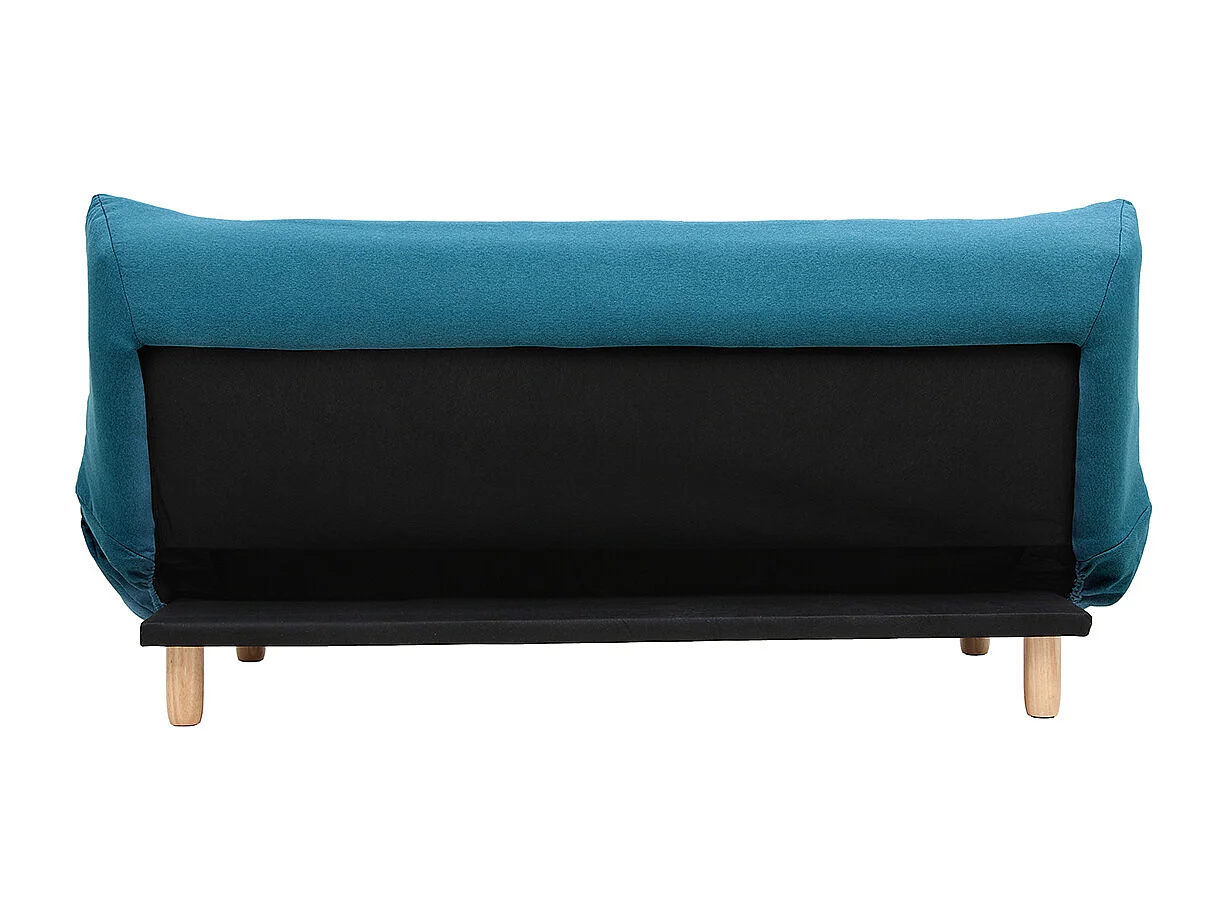 Canapé convertible scandinave 3 places en tissu bleu canard et bois clair YUMI