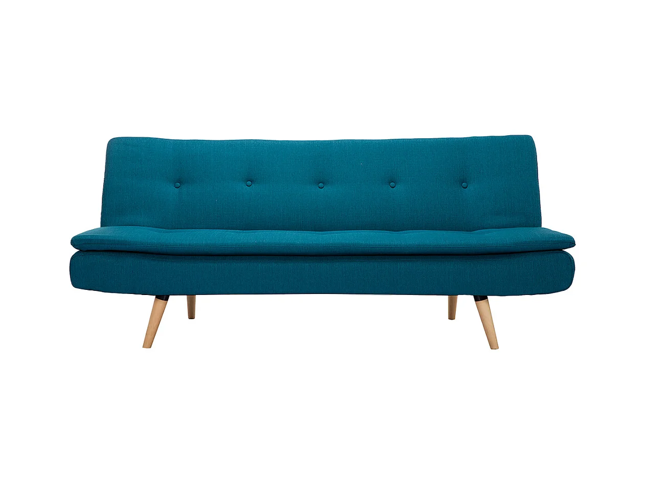 Canapé convertible scandinave 3 places en tissu bleu canard et bois clair SENSO