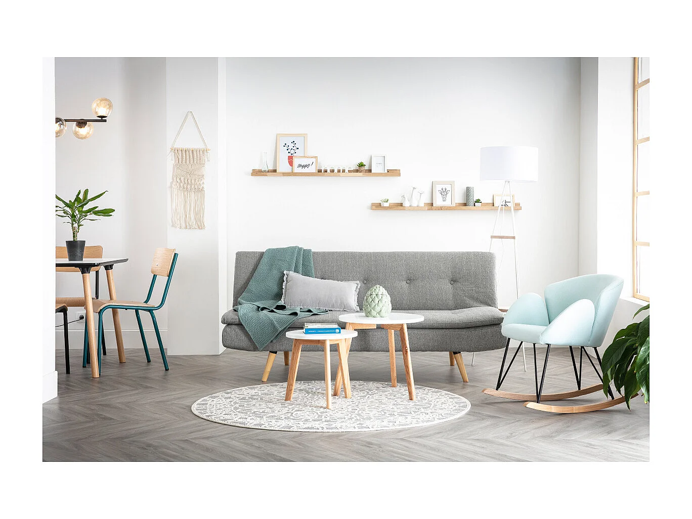 Canapé convertible scandinave 3 places en tissu bleu canard et bois clair SENSO