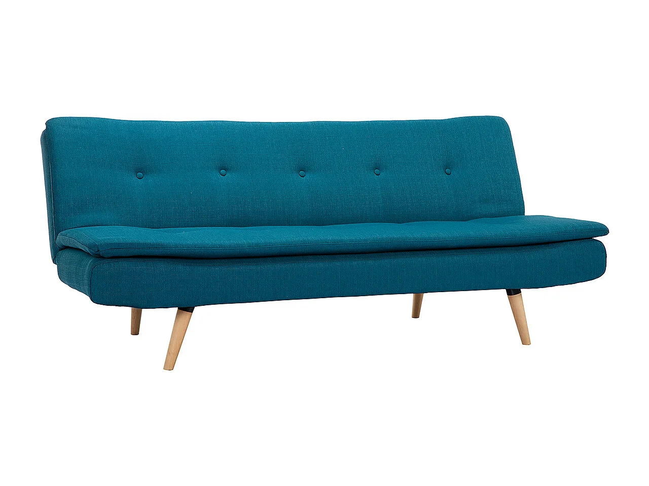 Canapé convertible scandinave 3 places en tissu bleu canard et bois clair SENSO