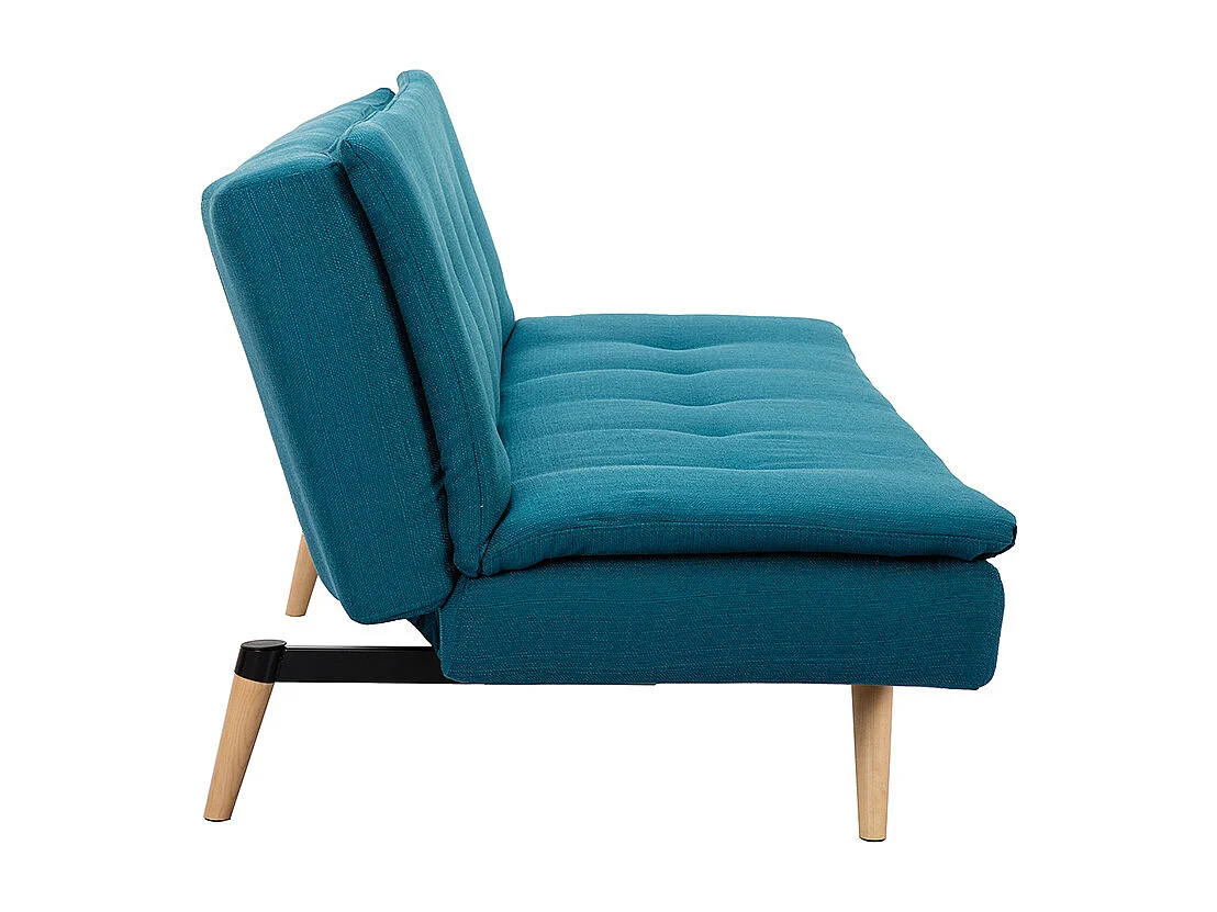 Canapé convertible scandinave 3 places en tissu bleu canard et bois clair SENSO