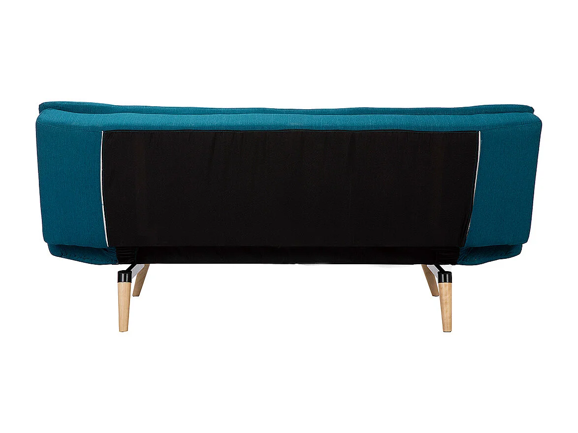 Canapé convertible scandinave 3 places en tissu bleu canard et bois clair SENSO