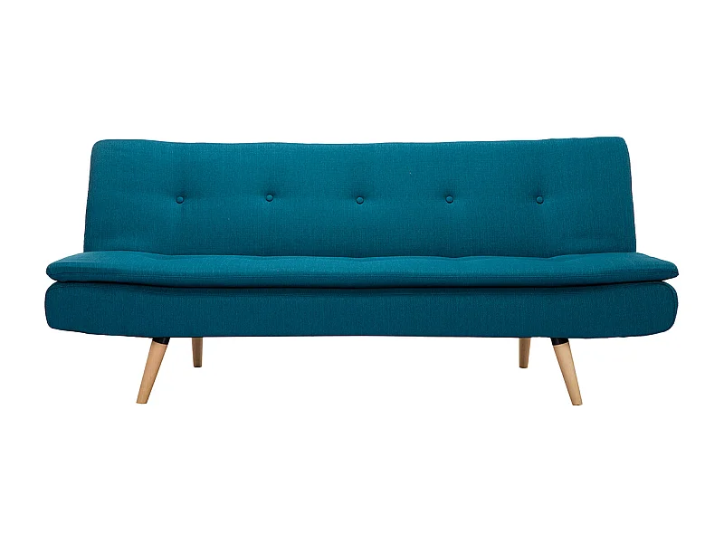 Canapé convertible scandinave 3 places en tissu bleu canard et bois clair SENSO