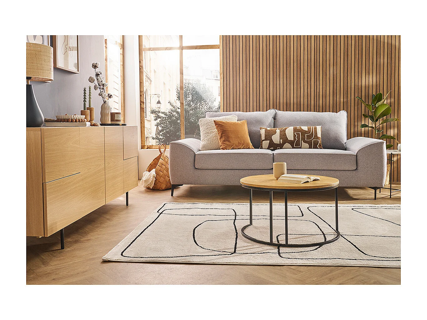 Canapé convertible design 3 places en tissu gris et métal noir GAEL