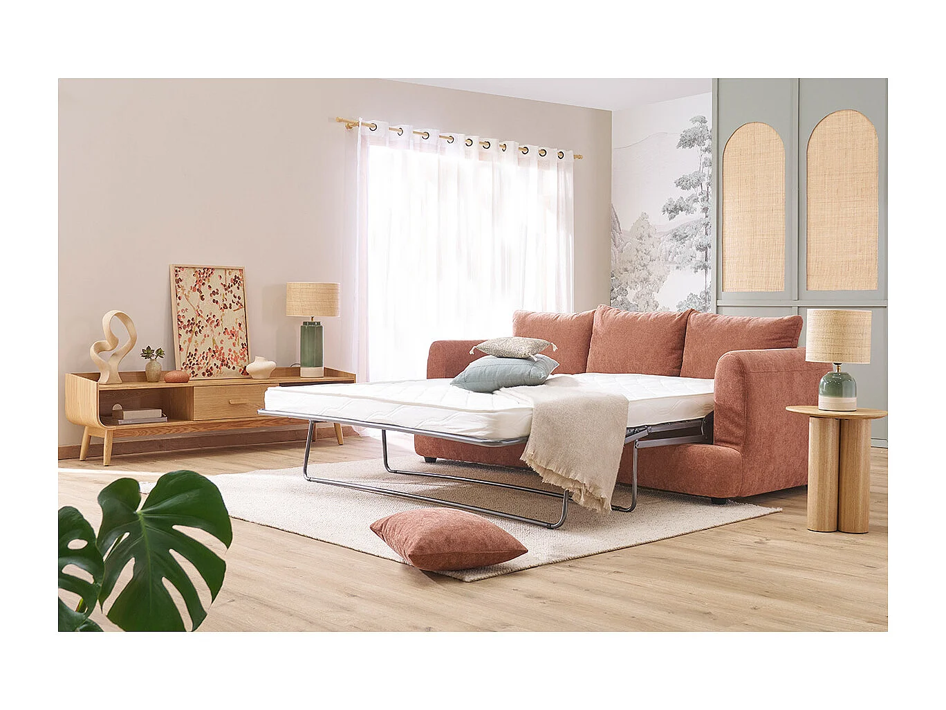 Canapé convertible déhoussable 3-4 places design haricot en tissu effet velours terre brûlée SACHA