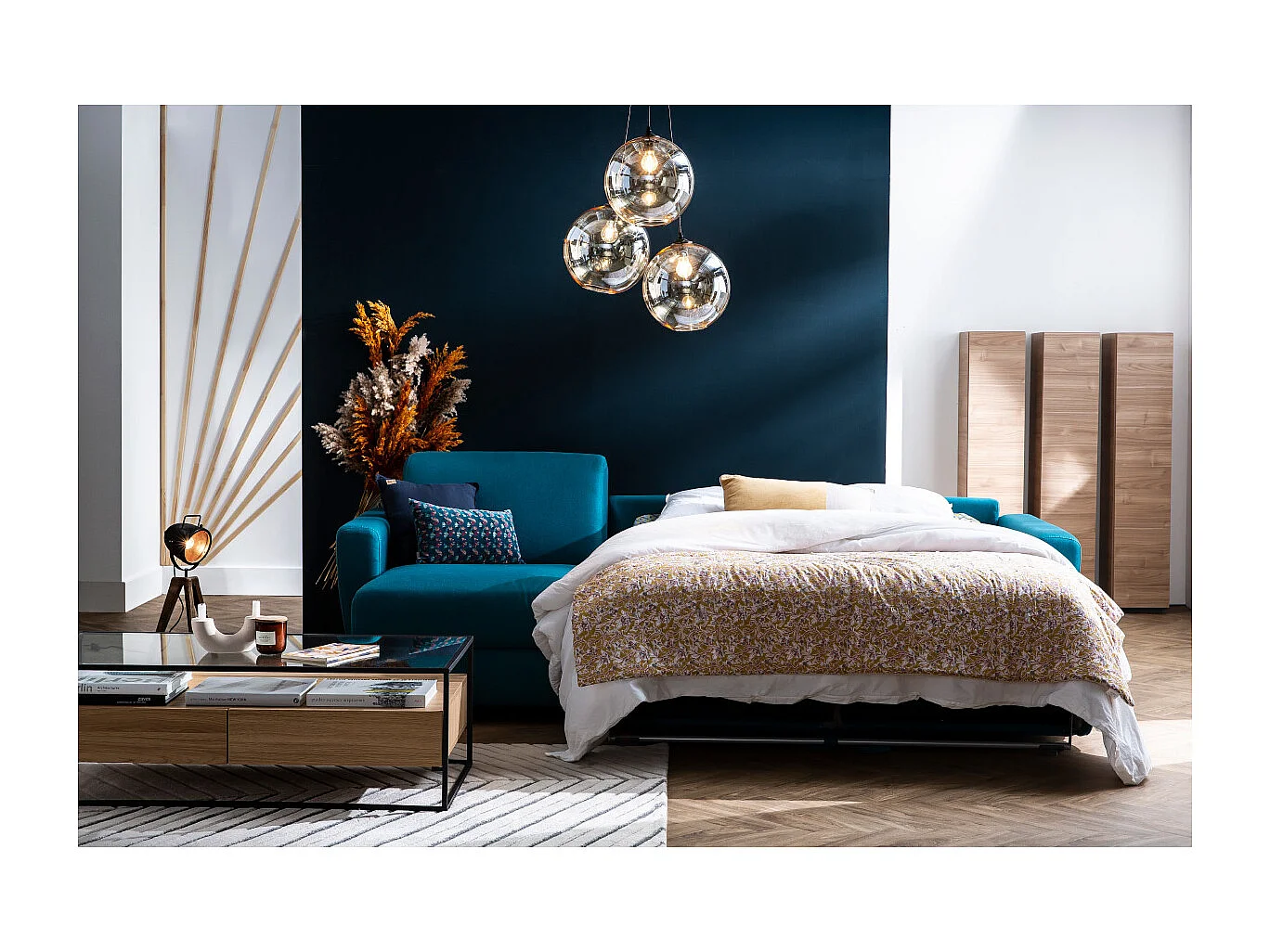 Wende- und konvertierbares Ecksofa mit Kommode in Entenblau GRAHAM