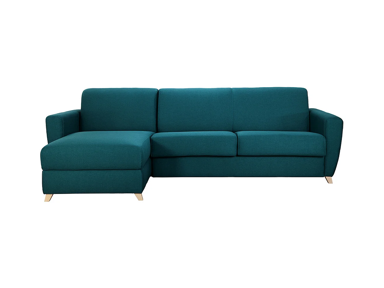 Canapé d'angle convertible réversible avec coffre 4 places en tissu bleu canard et bois clair GRAHAM