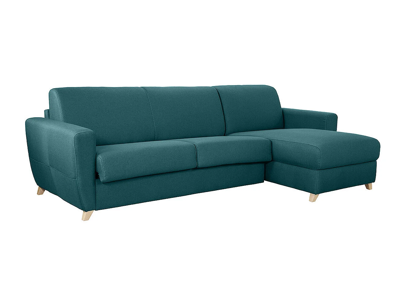 Canapé d'angle convertible réversible avec coffre 4 places en tissu bleu canard et bois clair GRAHAM