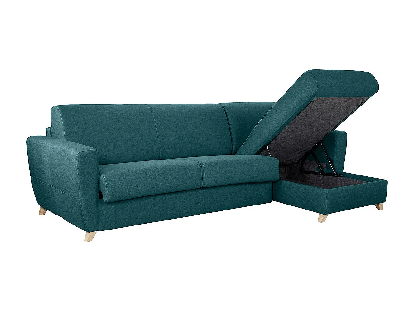 Canapé d'angle convertible réversible avec coffre 4 places en tissu bleu canard et bois clair GRAHAM