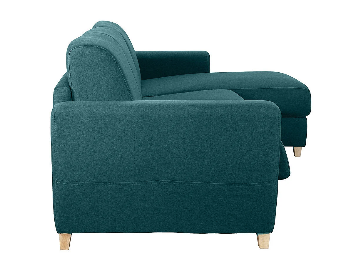 Canapé d'angle convertible réversible avec coffre 4 places en tissu bleu canard et bois clair GRAHAM