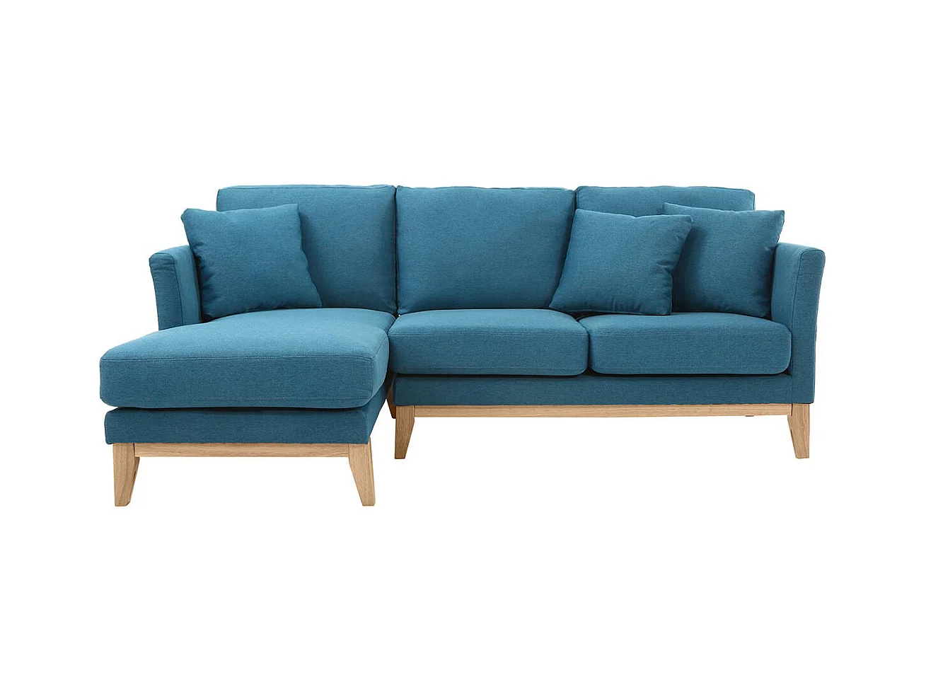 Canapé d'angle gauche scandinave bleu canard déhoussable et bois clair 3-4 places OSLO