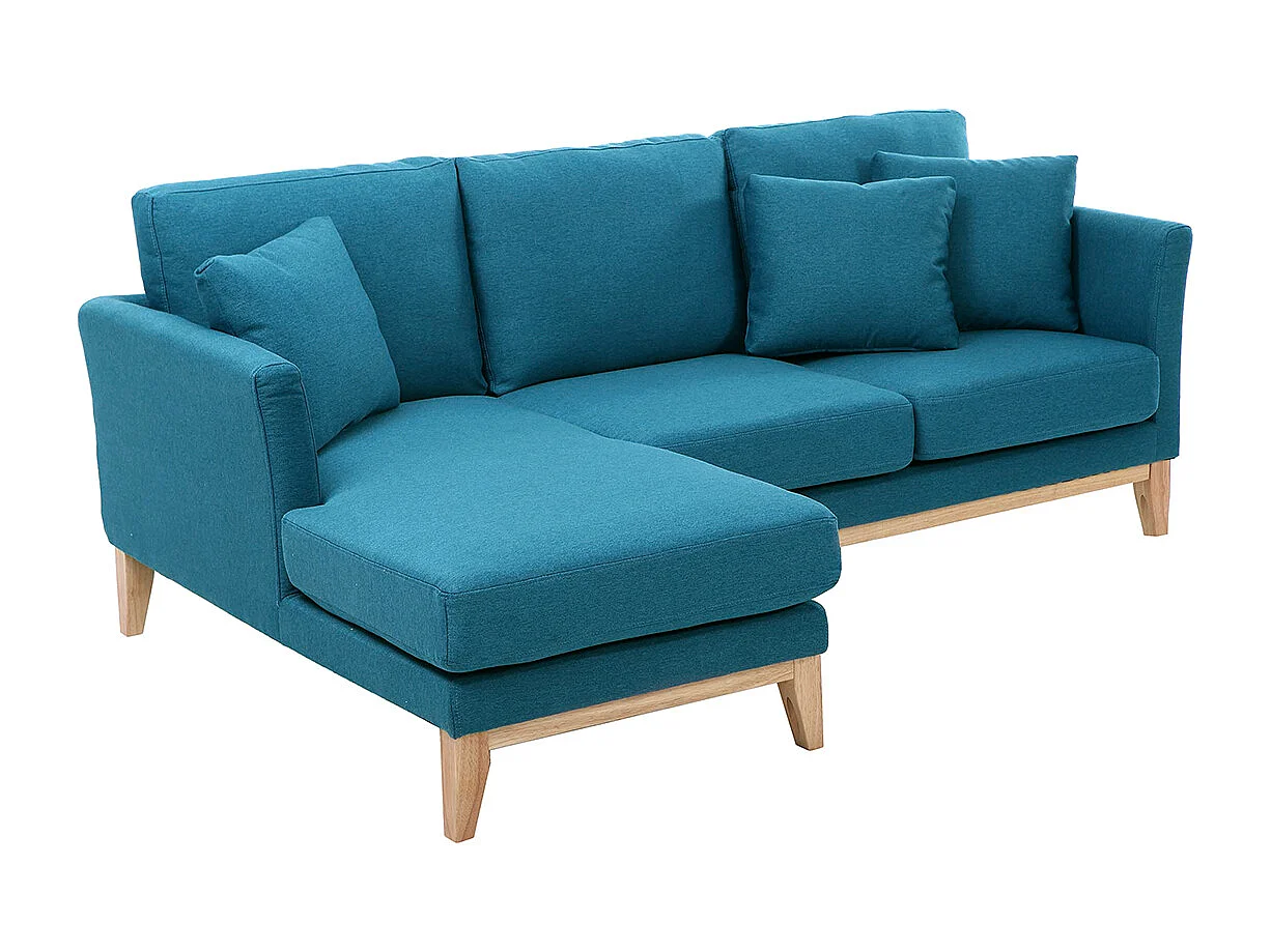 Canapé d'angle gauche scandinave bleu canard déhoussable et bois clair 3-4 places OSLO