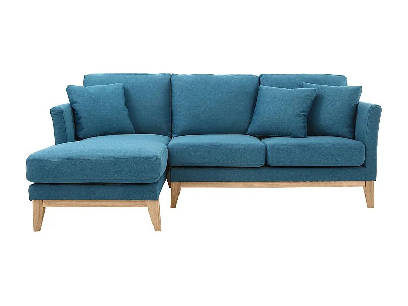 Canapé d'angle gauche scandinave bleu canard déhoussable et bois clair 3-4 places OSLO