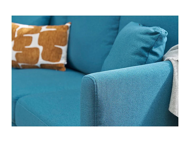 Canapé d'angle gauche scandinave bleu canard déhoussable et bois clair 3-4 places OSLO