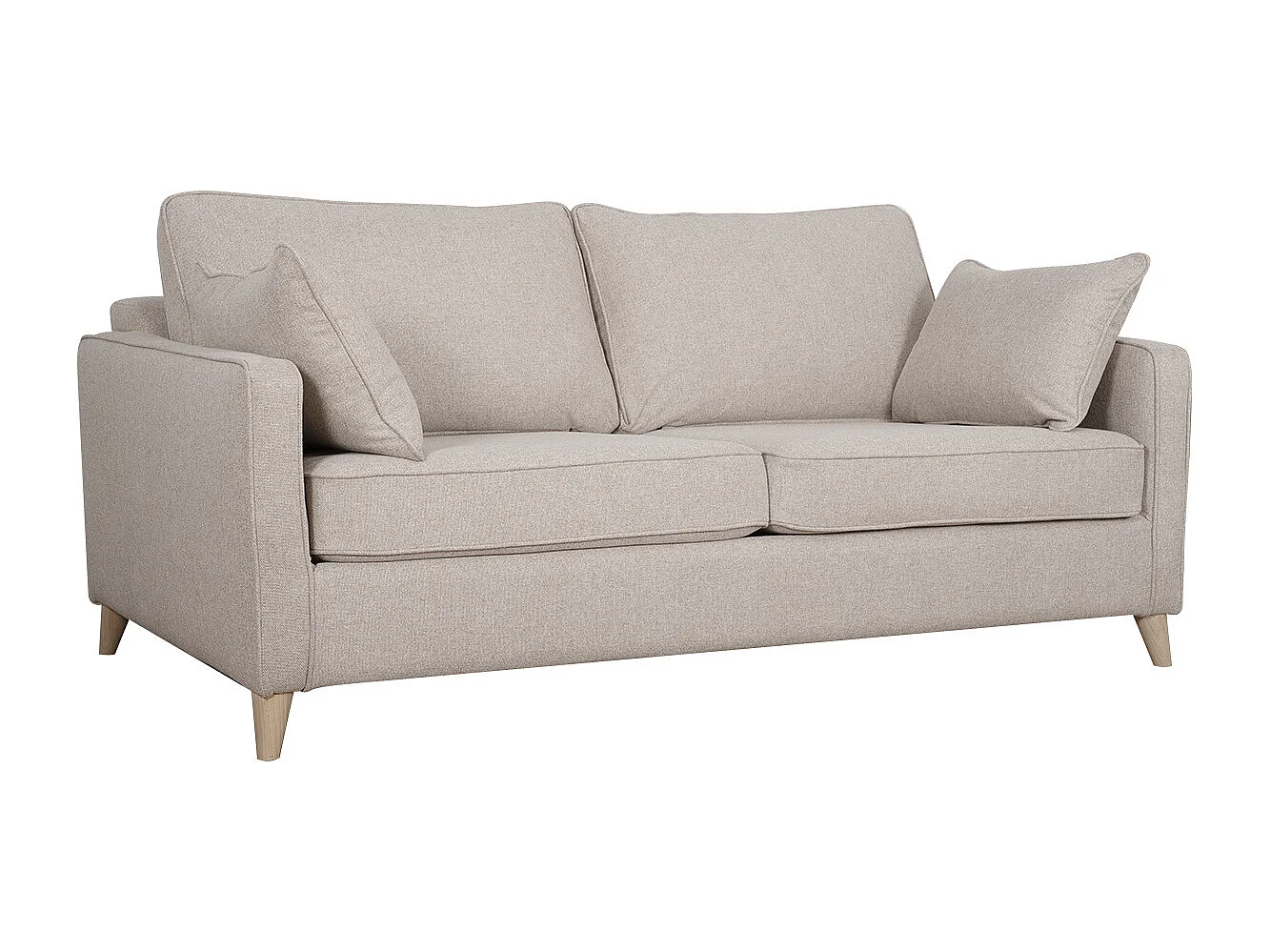 Canapé convertible scandinave 3 places en tissu beige et bois clair avec matelas 10 cm PAPEL