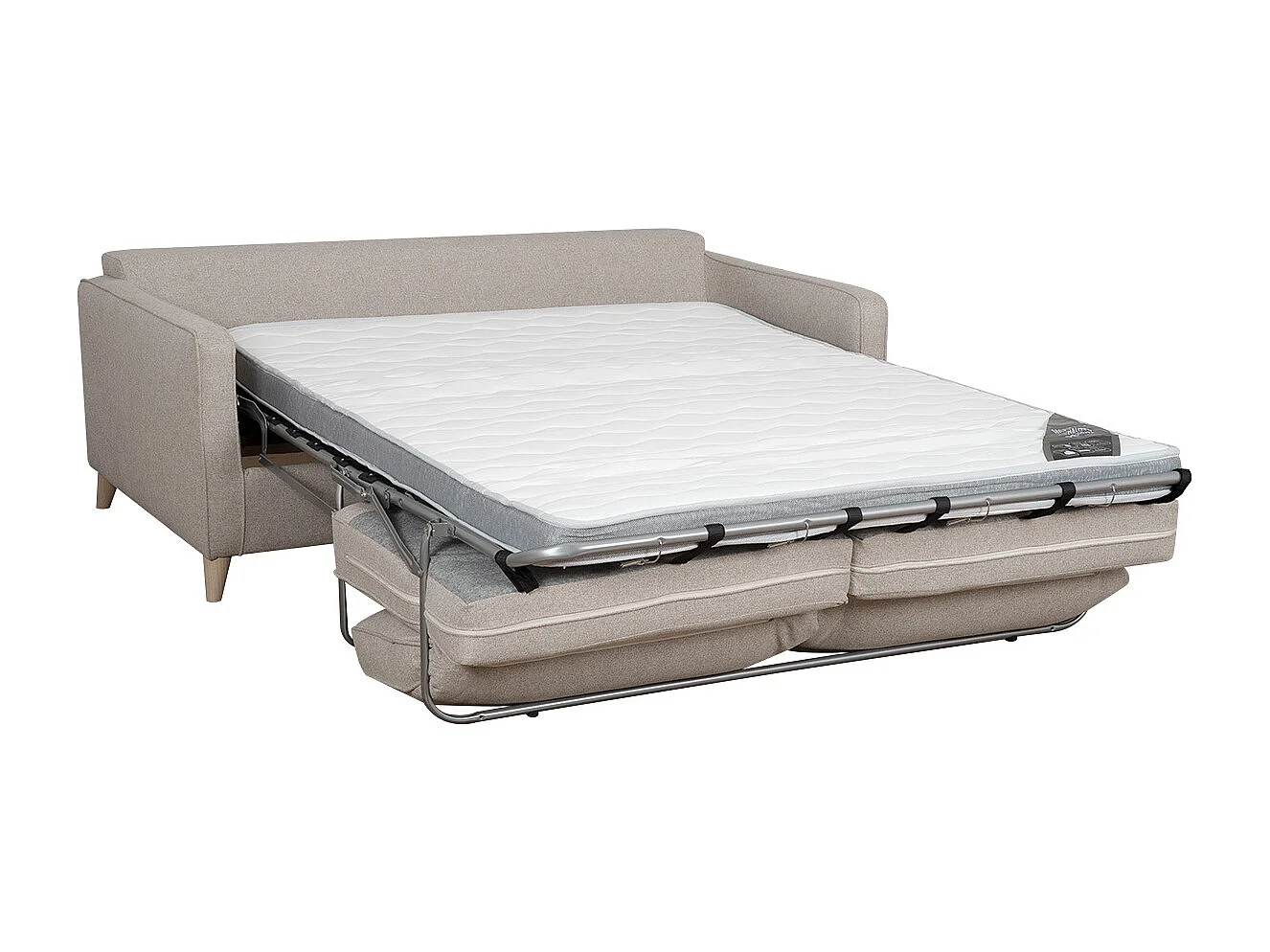 Canapé convertible scandinave 3 places en tissu beige et bois clair avec matelas 10 cm PAPEL