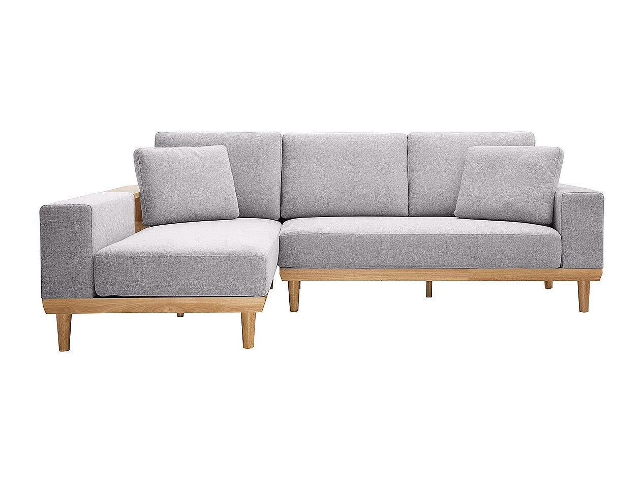 Ecksofa 5-Sitzer mit Stauraum hellgrauer Stoff mit strukturiertem Samteffekt und helles Holz KOMAO.