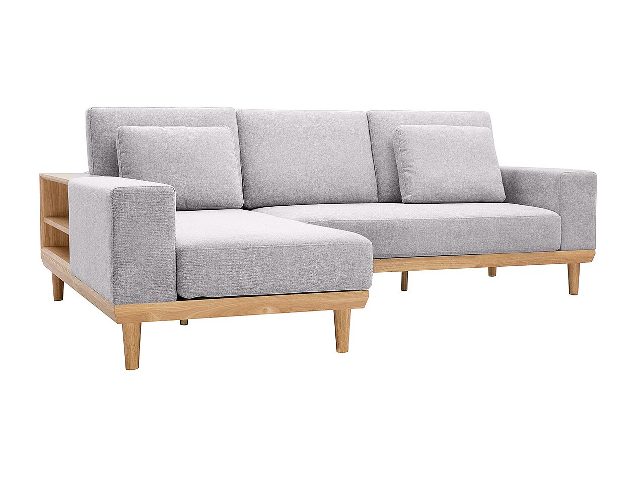 Ecksofa 5-Sitzer mit Stauraum hellgrauer Stoff mit strukturiertem Samteffekt und helles Holz KOMAO.