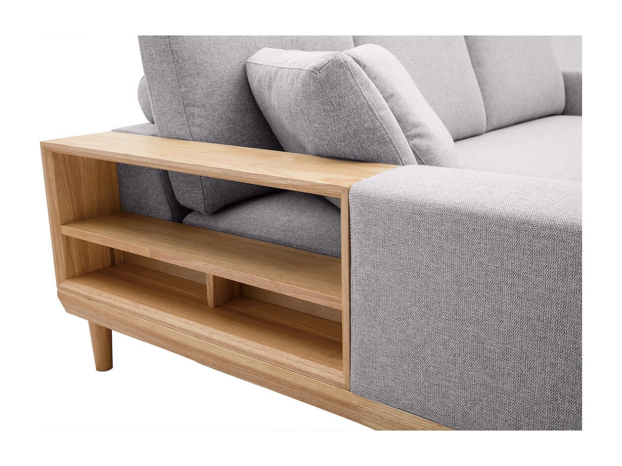 Ecksofa 5-Sitzer mit Stauraum hellgrauer Stoff mit strukturiertem Samteffekt und helles Holz KOMAO.