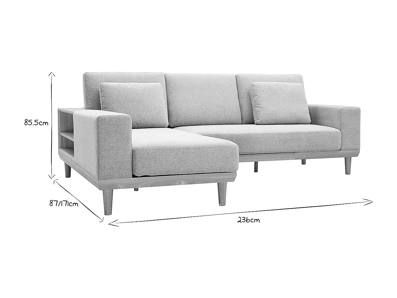 Ecksofa 5-Sitzer mit Stauraum hellgrauer Stoff mit strukturiertem Samteffekt und helles Holz KOMAO.