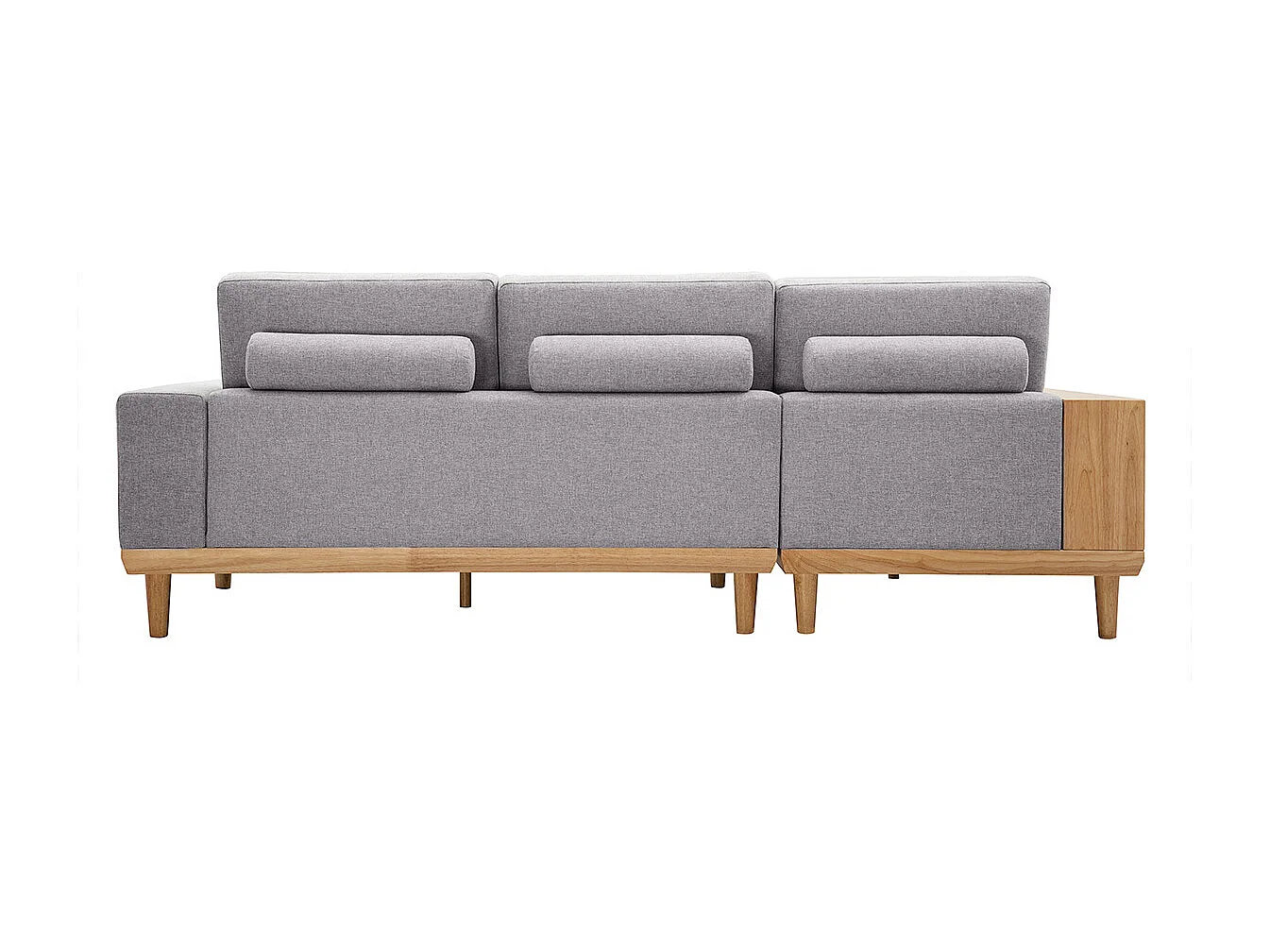 Sofá chaise longue a la izquierda 5 plazas con estantes en tela texturizada gris claro efecto aterciopelado y madera clara KOMAO