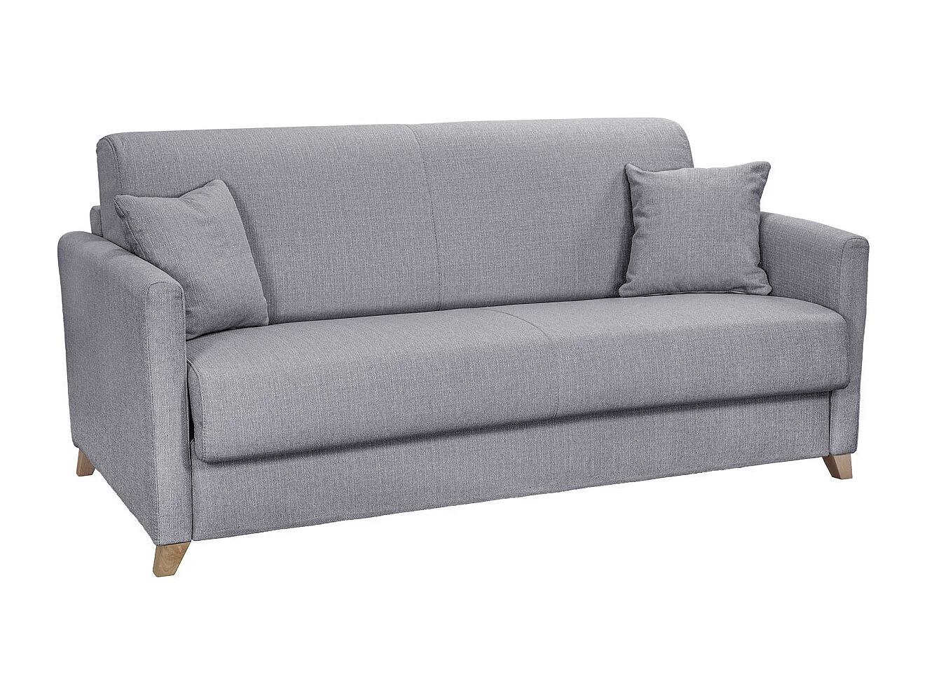 Canapé convertible 3 places en tissu gris clair et bois clair avec matelas 18 cm SKANDY