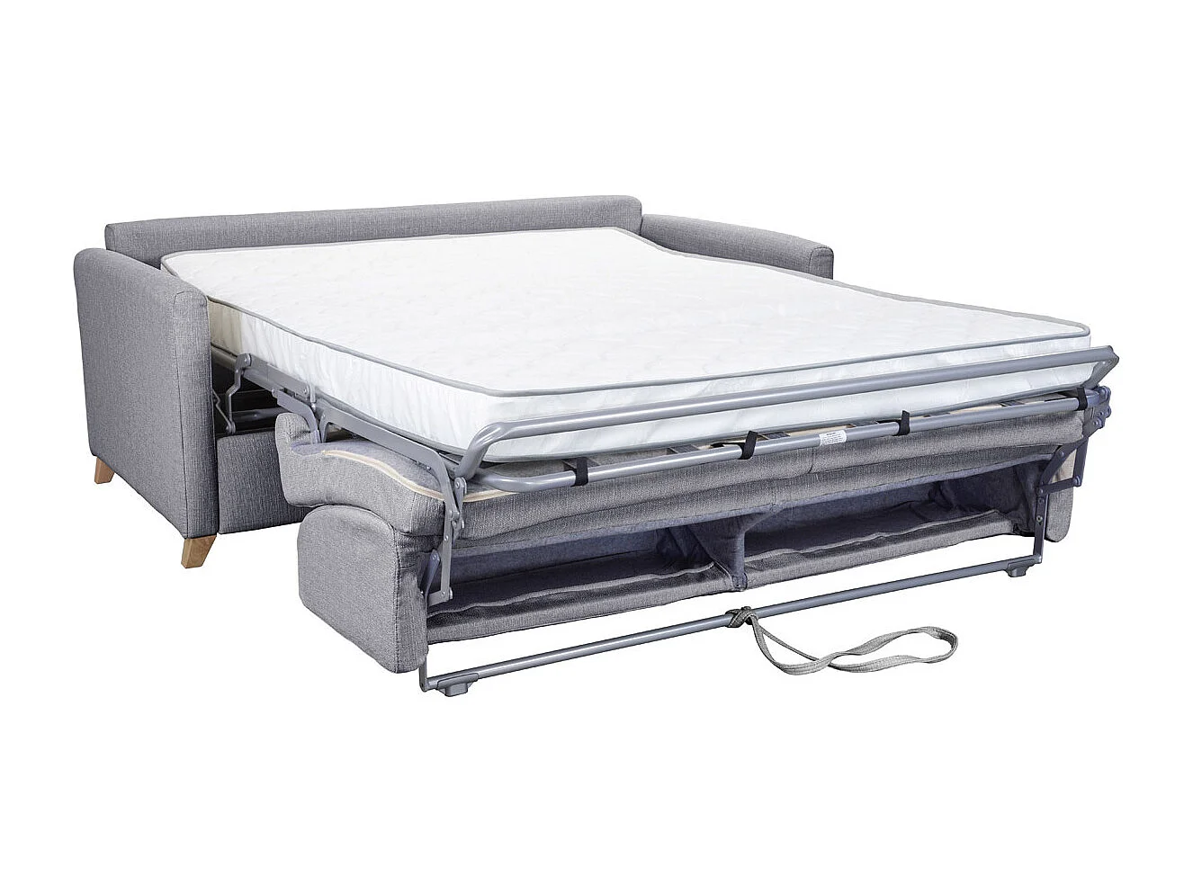 Canapé convertible 3 places en tissu gris clair et bois clair avec matelas 18 cm SKANDY