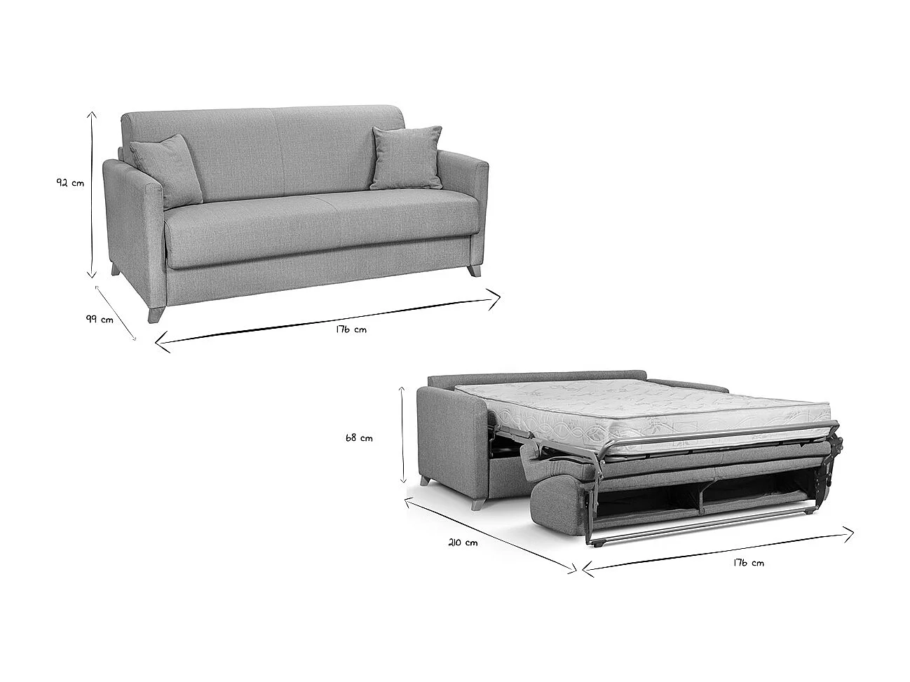 Sofá cama 3 plazas nórdico gris claro con colchón de 18 cm SKANDY