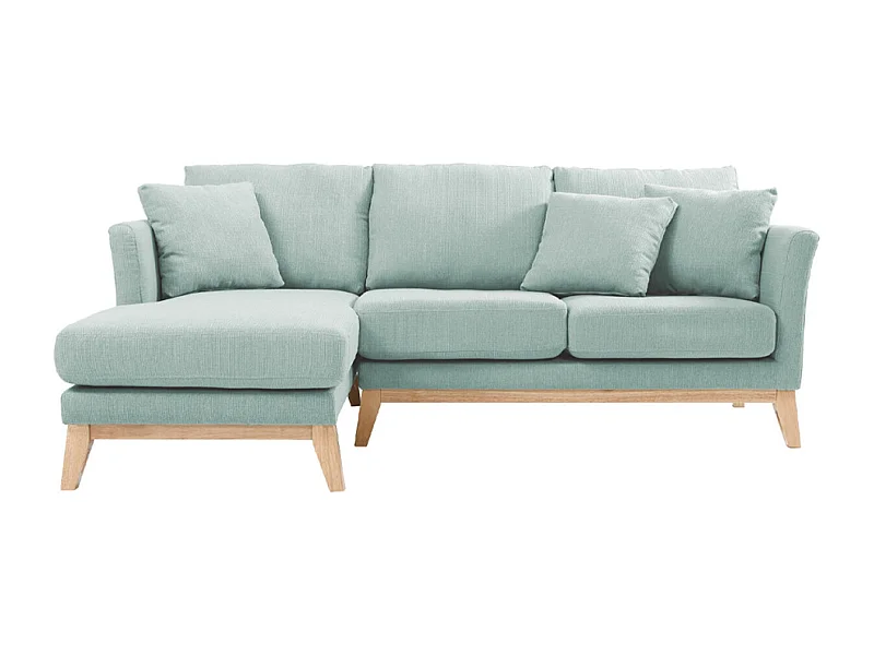 Canapé d'angle gauche déhoussable scandinave en tissu vert lagon et bois clair 3-4 places OSLO
