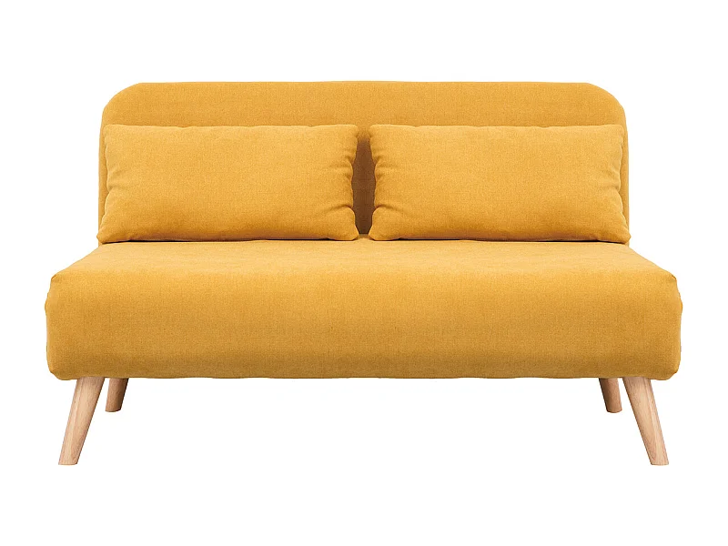 Chauffeuse 2 places convertible en tissu effet velours moutarde et bois clair AMIKO