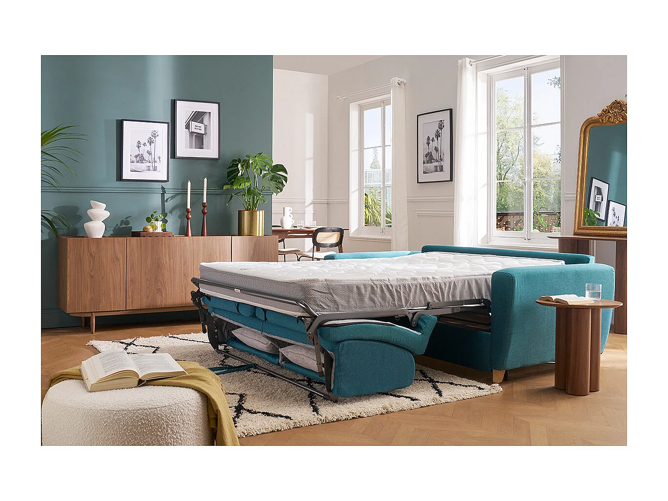 Canapé convertible en tissu gris clair et bois clair avec matelas 18 cm GRAHAM