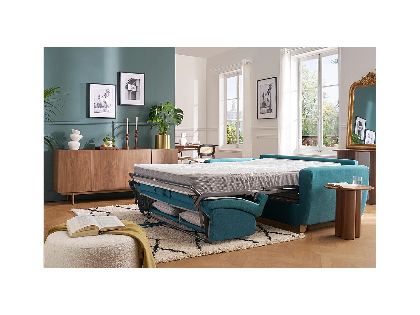 Schlafsofa skandinavisch mit Matratze 18 cm hellgrauer Stoffbezug GRAHAM