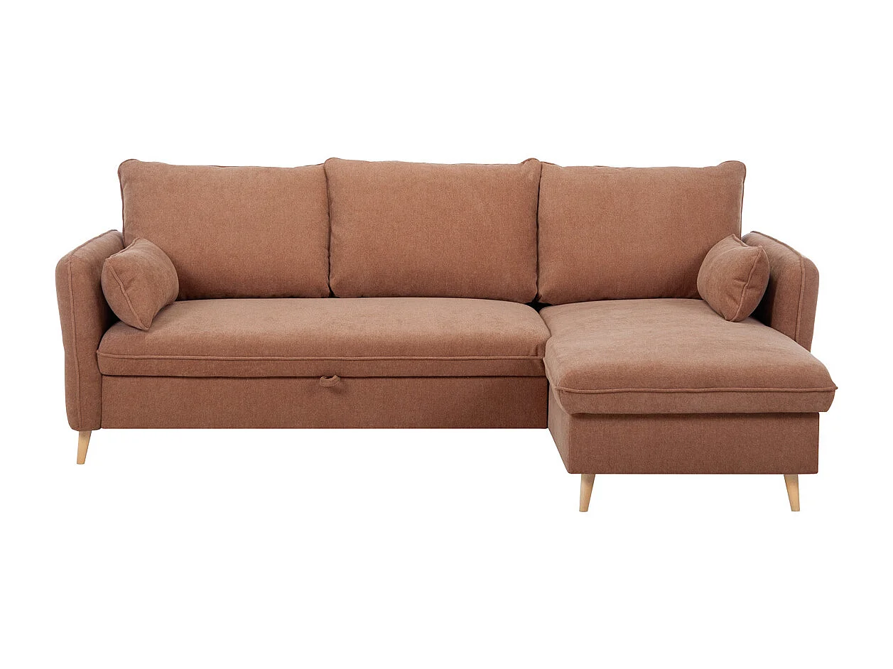 Eck-Schlafsofa mit Stauraum 3/4-Sitzer Stoff in Terracotta und helles Holz DRISS