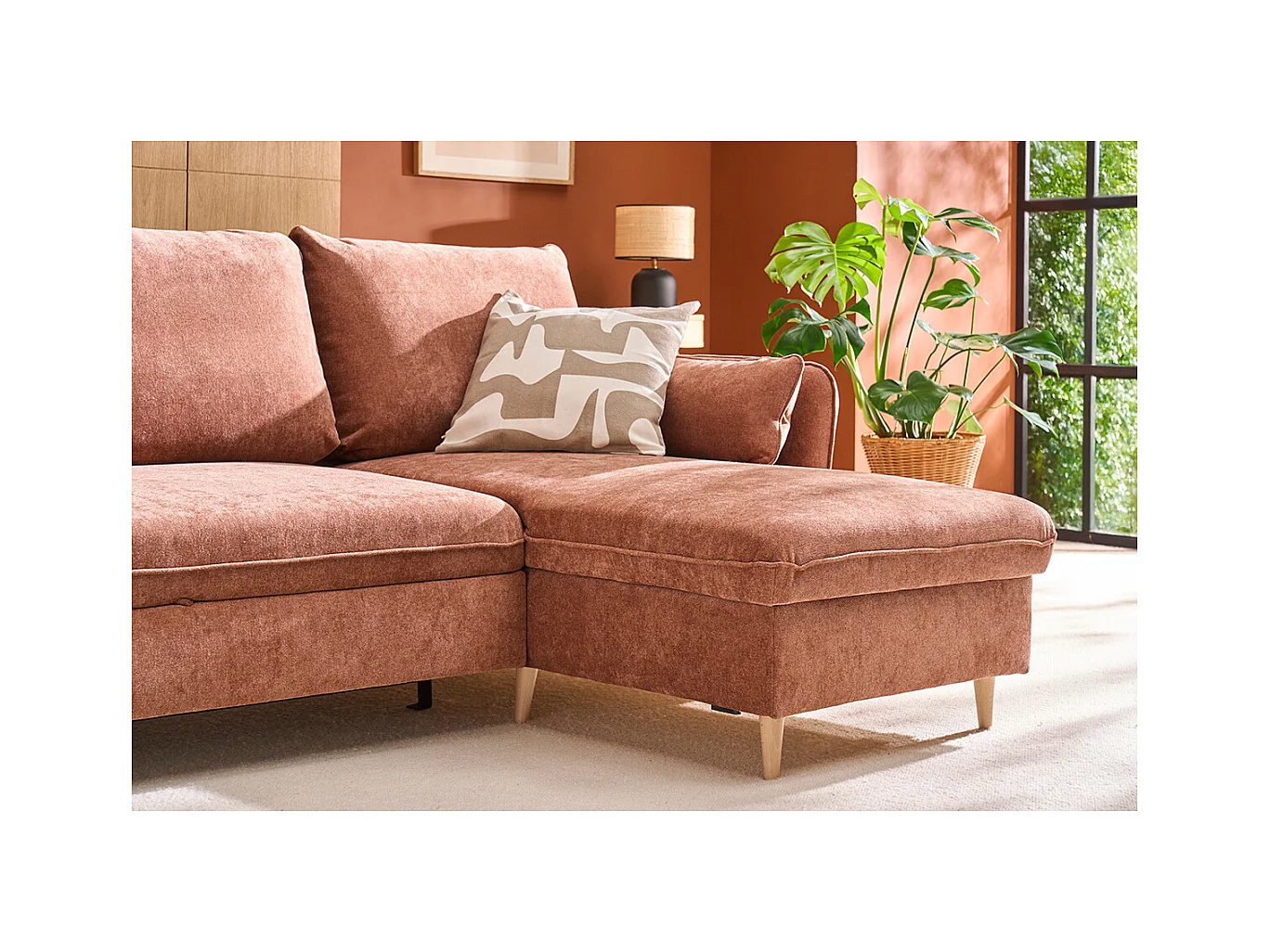 Eck-Schlafsofa mit Stauraum 3/4-Sitzer Stoff in Terracotta und helles Holz DRISS