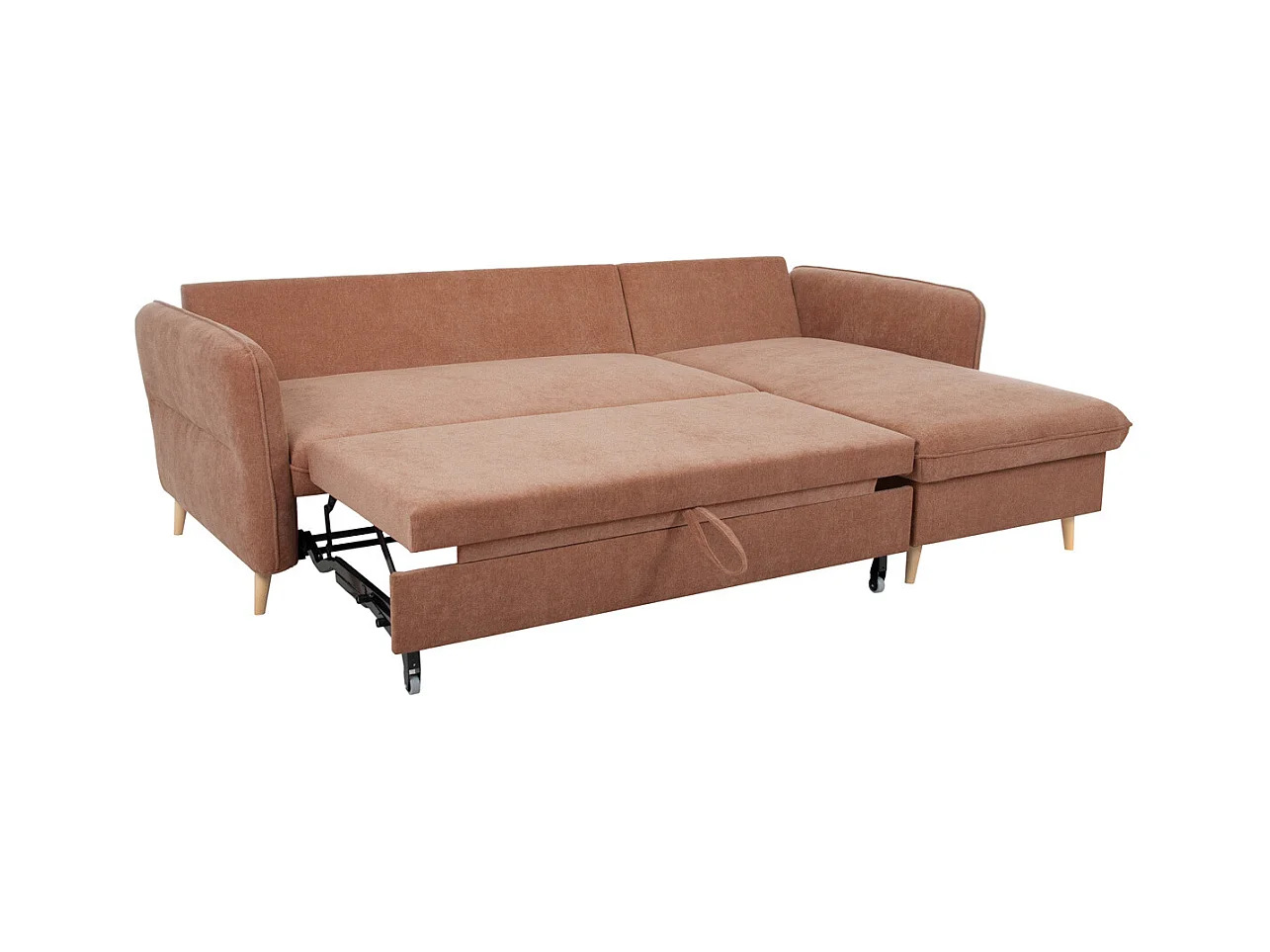 Eck-Schlafsofa mit Stauraum 3/4-Sitzer Stoff in Terracotta und helles Holz DRISS