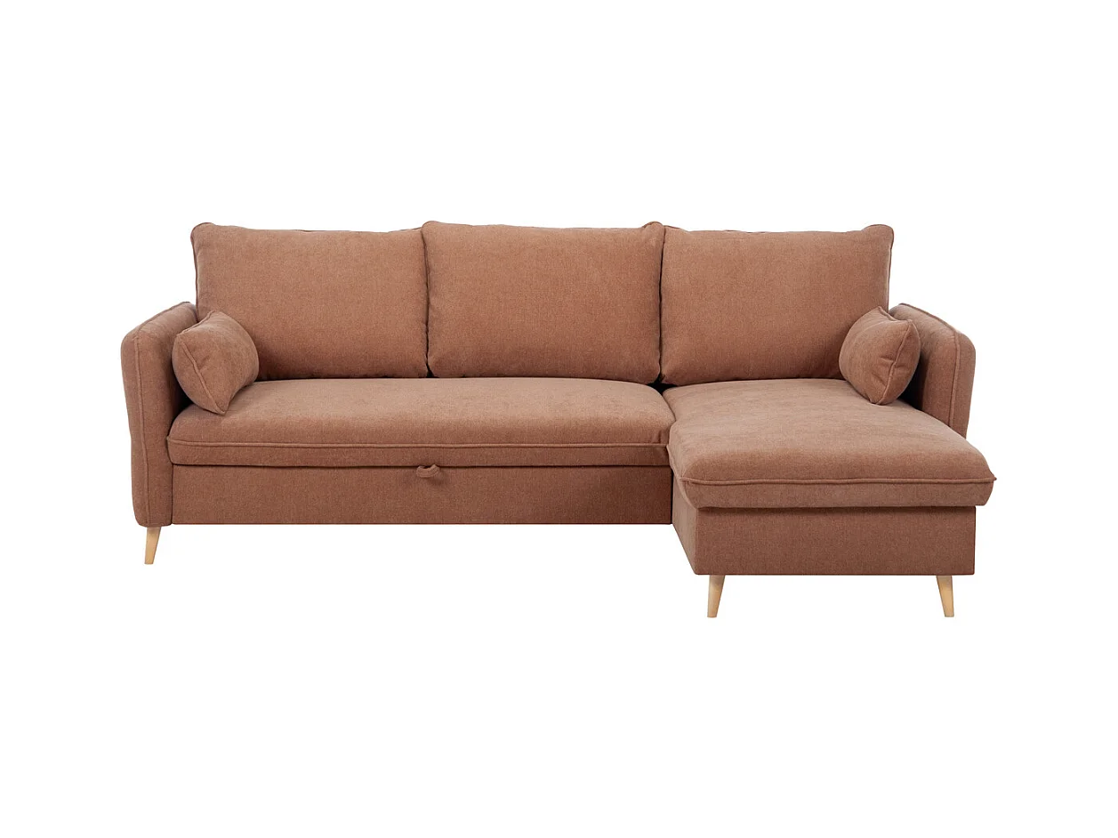 Canapé d'angle convertible réversible avec coffre 3-4 places en tissu effet velours terre brûlée et bois clair DRISS