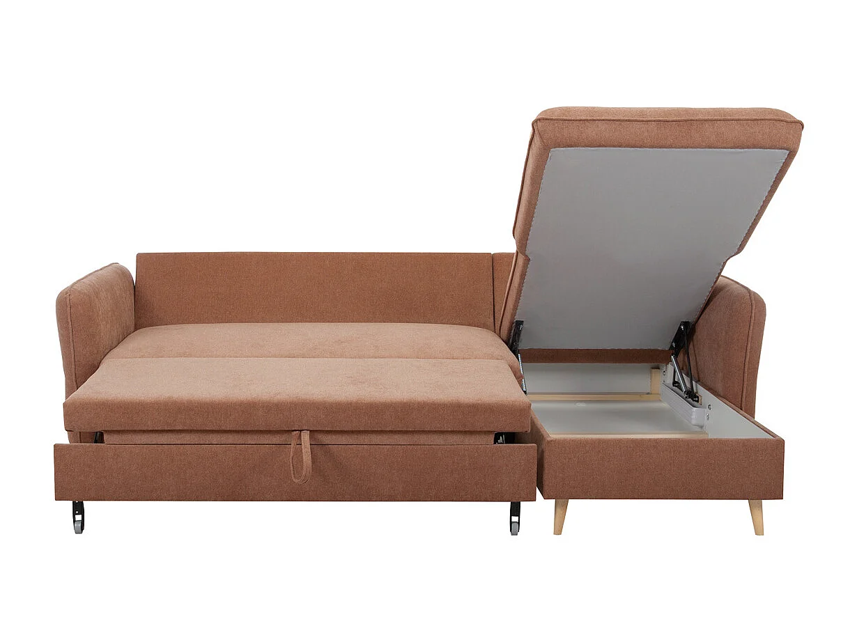 Sofá cama con chaise longue 3-4 plazas con canapé de tela color terracota y madera clara DRISS