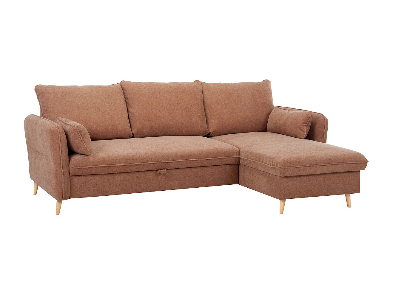 Sofá cama con chaise longue 3-4 plazas con canapé de tela color terracota y madera clara DRISS