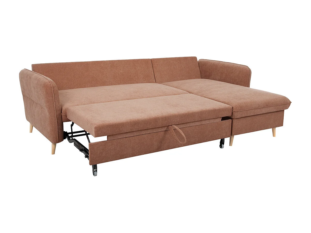 Sofá cama con chaise longue 3-4 plazas con canapé de tela color terracota y madera clara DRISS