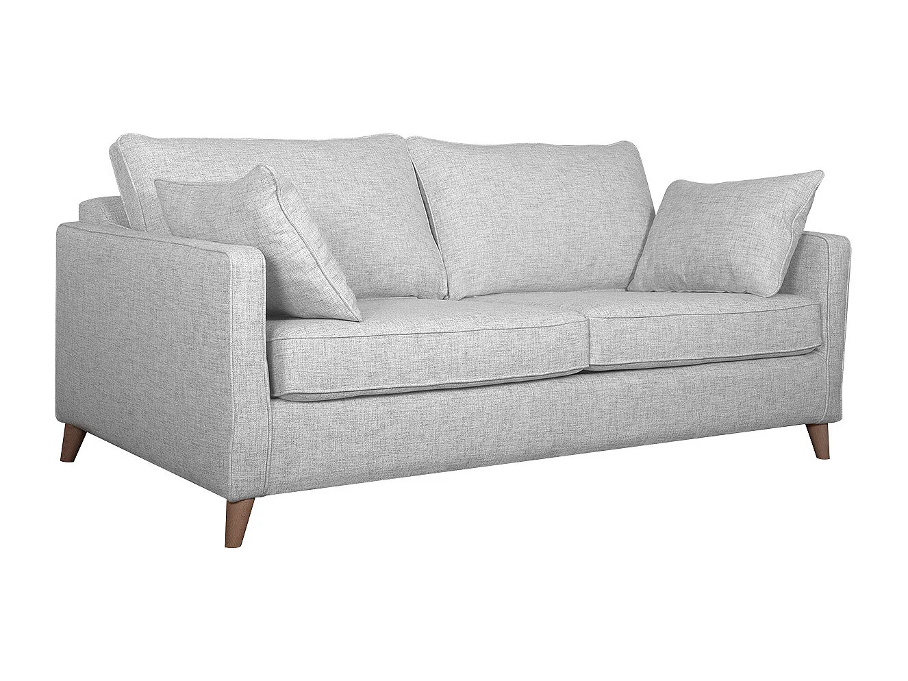 Canapé convertible scandinave 3 places en tissu gris clair et bois clair avec matelas 10 cm PAPEL