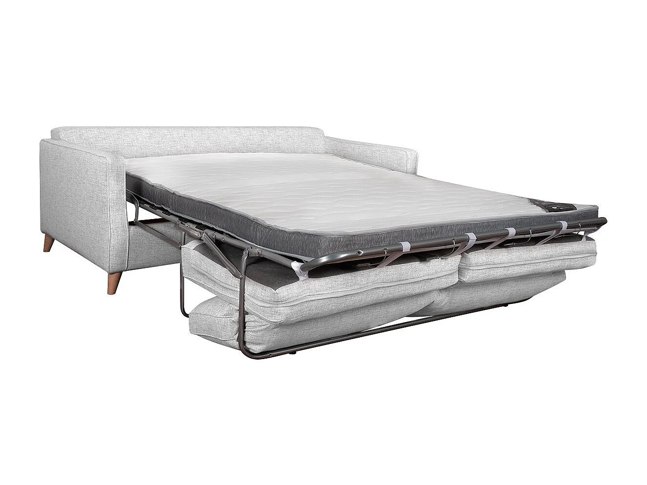 Canapé convertible scandinave 3 places en tissu gris clair et bois clair avec matelas 10 cm PAPEL