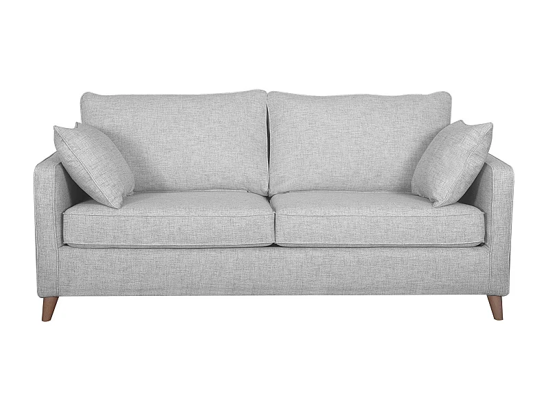 Canapé convertible scandinave 3 places en tissu gris clair et bois clair avec matelas 10 cm PAPEL