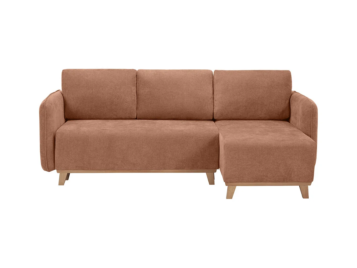 Canapé d'angle convertible et réversible 3-4 places en tissu effet velours terre brûlée et bois clair ROMANE