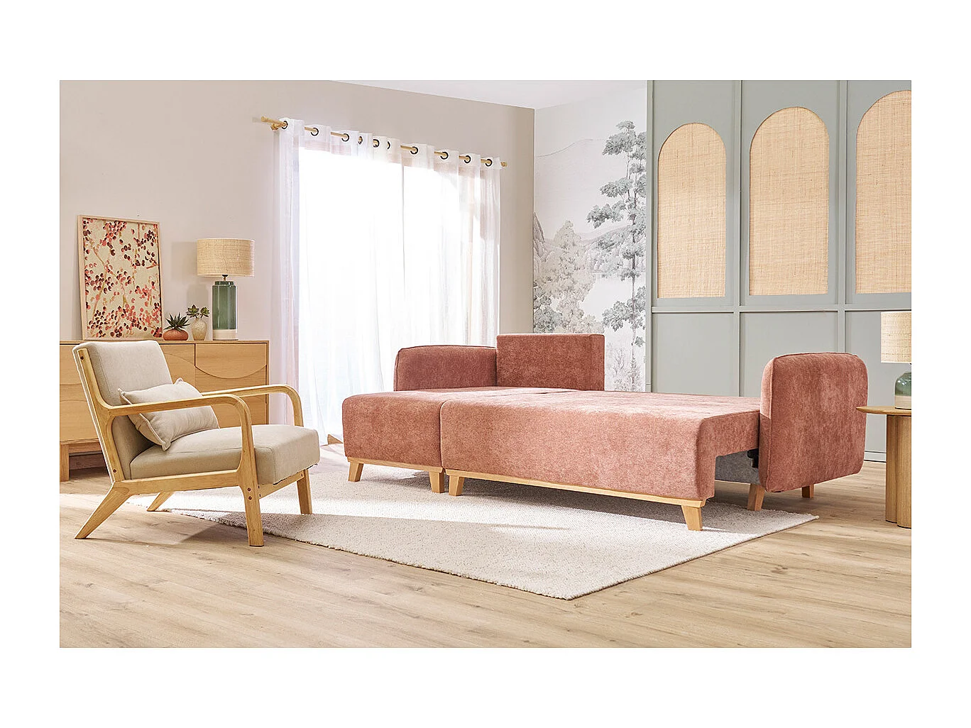 Canapé d'angle convertible et réversible 3-4 places en tissu effet velours terre brûlée et bois clair ROMANE