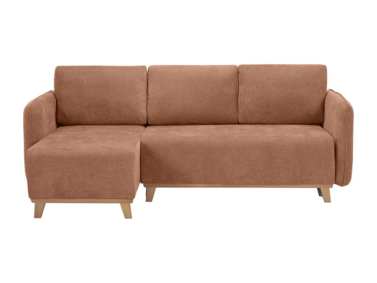 Canapé d'angle convertible et réversible 3-4 places en tissu effet velours terre brûlée et bois clair ROMANE