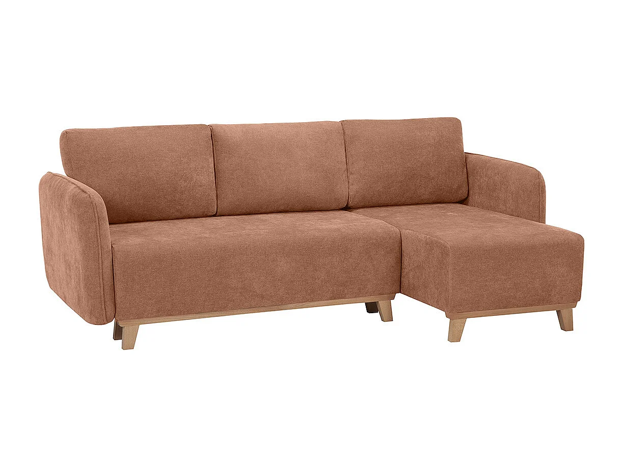 Canapé d'angle convertible et réversible 3-4 places en tissu effet velours terre brûlée et bois clair ROMANE