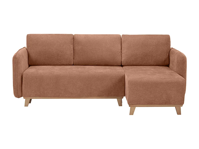 Sofá cama chaise longue reversible 3-4 plazas de tejido efecto aterciopelado terracota y madera clara ROMANE